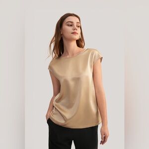 Basic Cap Sleeves Silk Camel Tee Elegant Formal Grad Party Wedding Blouse XL